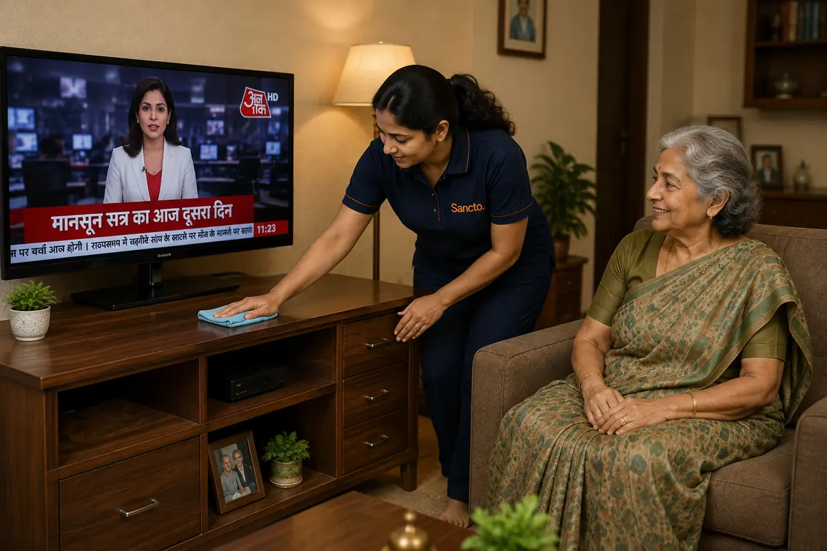 A Sancto team member tidying the living room while an elderly woman sits comfortably nearby.
