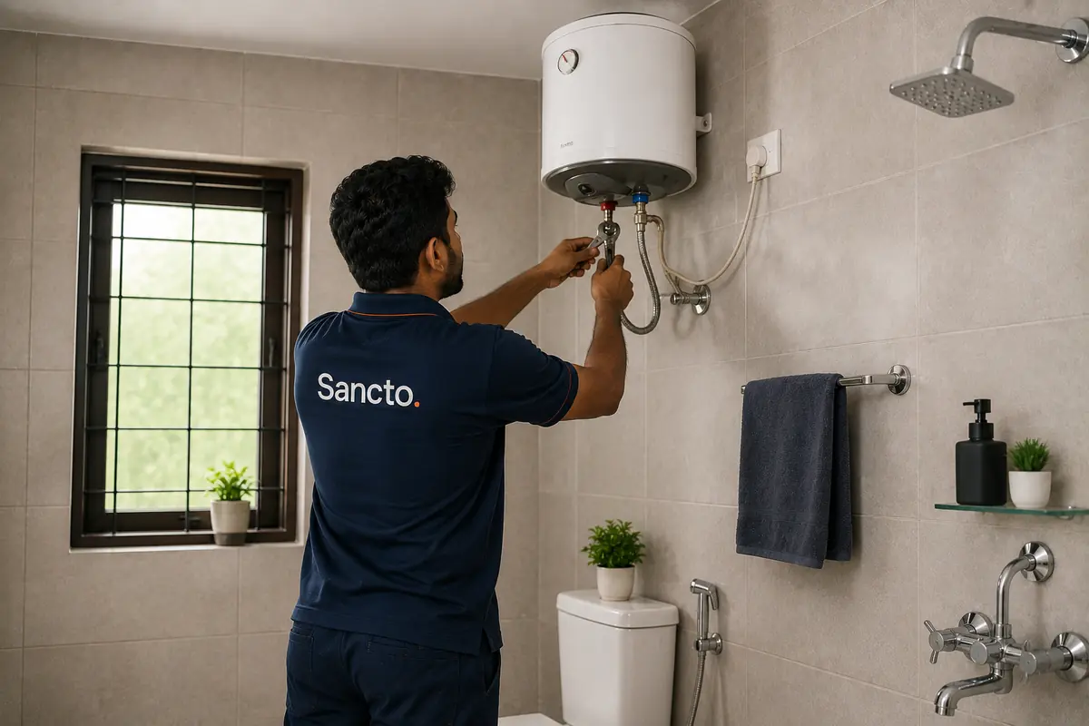 A Sancto team member repairing a water heater in a Kerala home's bathroom.