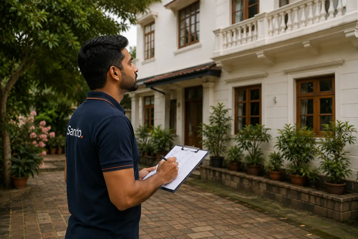 A Sancto team member inspecting the exterior of a family home with a clipboard.